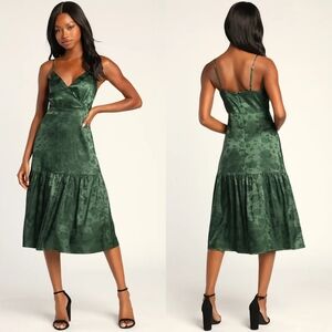 Lulus Be Your Favorite Emerald Green Satin Jacquard Midi Dress L Wedding Party